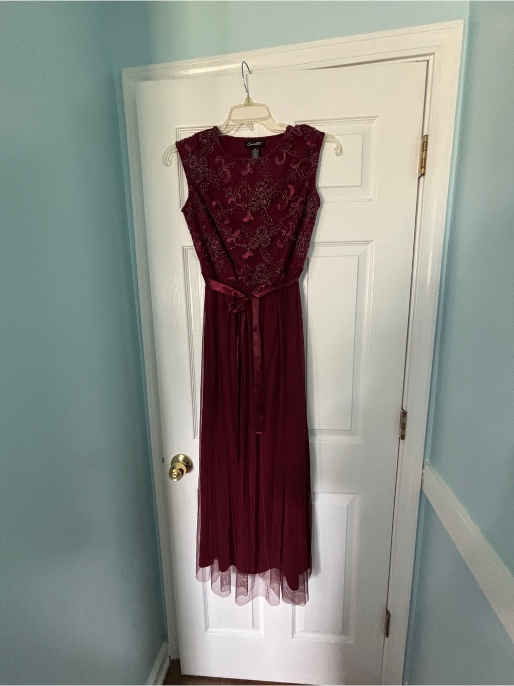 Candalite Burgundy Embroidered Maxi Dress with Satin Belt